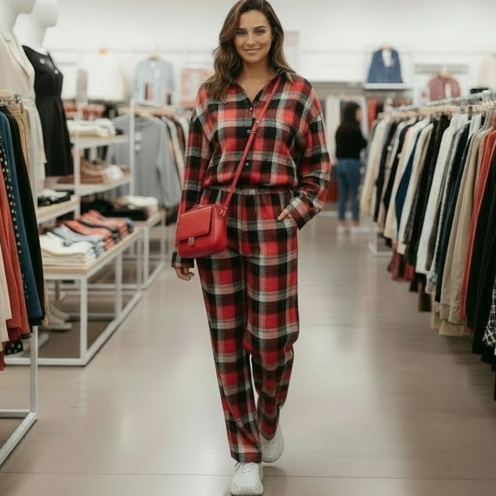 1076. Plaid button down wide leg set in red